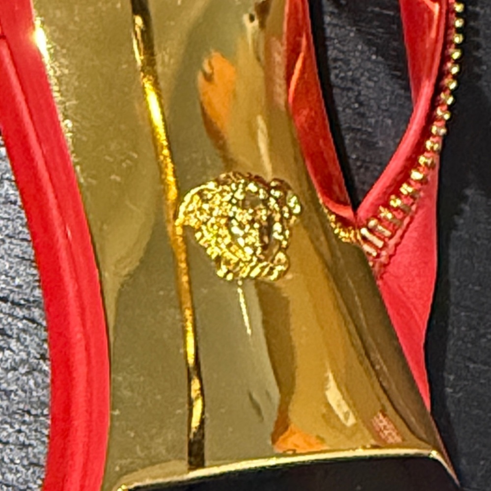 Versace Red Leather Zip Detail Heels | Size 38 | Gold Hardware - Picture 12 of 13